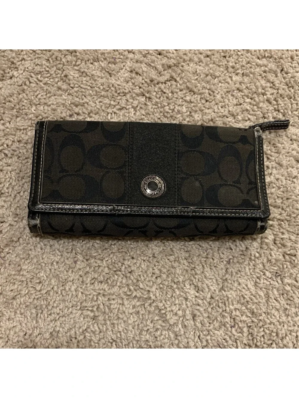 Coach Black Signature Jacquard Fabric & Leather Trim Trifold Wallet